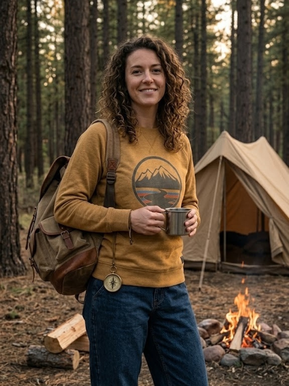 Wind River Mountain Graphic Crewneck Sweatshirt Mustard Cozy Canadiana